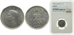 World Coins - Great Britain United Kingdom 1945 6 Pence - George VI (1st coinage) Silver (.500) Royal Mint (Tower Hill) (39939200) 2.83g NGC AU 58 KM 852 Sp 4084