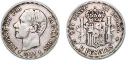 World Coins - Spain Kingdom 1883 MSM 2 Pesetas - Alfonso XII Silver (.835) Madrid Mint (3318205) 10.01g VF  KM 678 Cal 46