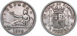 World Coins - Spain Provisional Government 1870 *18-74 DEM 2 Pesetas - Provisional Government Silver (.835) Madrid Mint (14892932) 10g VF  KM 654