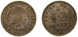 World Coins - France Second Empire 1867 A 20 Centimes - Napoleon III Silver (.835) Paris Mint (5611381) 1g XF F 150 Gad 309 KM 808.1