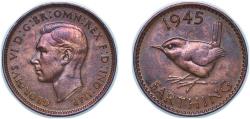 World Coins - Great Britain United Kingdom 1945 1 Farthing - George VI (with 'IND:IMP') Bronze (23736000) 2.86g AU KM 843 Sp 4116
