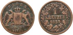 World Coins - Germany Grand Duchy of Baden German states 1859 1 Kreuzer - Friedrich I Copper Staatliche Münze Baden-Württemberg Mint (897620) 4.22g VF  KM 242 Jaeg 2 AB 81 AKS 132