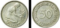 World Coins - Germany Federal Republic 1950 J 50 Pfennig Copper-nickel (75% Copper, 25% Nickel) Hamburgische Münze (102736000) 3.48g XF  KM 109 J 384 Schön 107 KM 109.1 KM 109.2