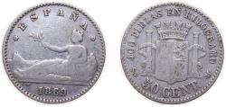 World Coins - Spain Provisional Government 1869 *6-9 SNM 50 Centimos Silver (.835) Madrid Mint (452726) 2.5g VF KM651