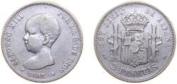 World Coins - Spain Kingdom 1892 *18-92 PGM 2 Pesetas - Alfonso XIII (1st portrait) Silver (.835) Madrid Mint (1379000) 10g VF KM692