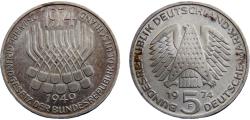 World Coins - Germany Federal republic 1974 F 5 Deutsche Mark 25th Anniversary of the federal Constitutional Law