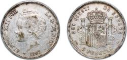 World Coins - Spain Kingdom 1893 *18-93 PGL 5 Pesetas - Alfonso XIII (2nd portrait) Silver (.900) Madrid Mint (2500000) 25g XF KM 700