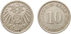 World Coins - Germany Second Empire 1905 A 10 Pfennig - Wilhelm II (type 2 - small shield) Copper-nickel (Cu 750, Ni 250) Berlin Mint (8649899) 3.95g XF  KM 12 AKS 12 J 13 Schön 13 Neum 30