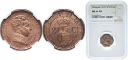World Coins - Spain Empire 1905 *0-5 2 Centimos - Alfonso XIII (4th portrait) Bronze (95% copper, 4% tin, 1% zinc) Royal Mint of Spain (5000000) 2g NGC MS 64 KM 722 Cal 67