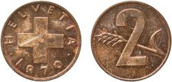 World Coins - Switzerland Federal State 1970 2 Rappen (Wheat spike) Bronze (95% copper, 4% tin, 1% zinc) Bern Mint (3110000) 3.01g AU  HMZ 2 1214 Divo/Tob19 325 KM 47 Schön 42 Y 55