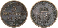 World Coins - Germany State Kingdom of Prussia Wilhelm I 1870 A 3 Pfenninge