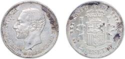 World Coins - Spain Kingdom 1881 *18-81 MSM 2 Pesetas - Alfonso XII Silver (.835) (3639219) 10.1g XF Cleaned KM 678 Cal 46