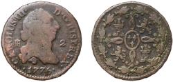 World Coins - Spain Kingdom 1775 2 Maravedis - Carlos III Copper Segovia Mint 2.26g VF  KM 406 Cal 1914