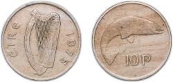 World Coins - Ireland Republic 1975 10 Pence (large type) Copper-nickel (75% Copper, 25% Nickel) Royal Mint (15000000) 11.3g XF KM 23 Sp 6704 Schön 22