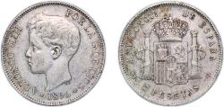 World Coins - Spain Kingdom 1896 *18-96 PGV 5 Pesetas - Alfonso XIII (3rd portrait) Silver (.900) Madrid Mint (4272000) 25g VF KM 707