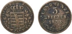 World Coins - Germany Duchy of Saxe-Meiningen German states 1835 L 3 Kreuzers - Bernhard II Billon (.305 silver) 1.25g VF  AKS 197 Jaeg 11 Sac 421 KM 133