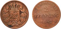 World Coins - Germany Kingdom of Bavaria German states 1862 2 Pfenning - Maximilian II, Ludwig II Copper Munich Mint 2.55g VF  AKS 159, 184 Jaeg 5 Bay 92 KM 857 Wittelsbach 3016