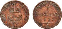World Coins - Germany Kingdom of Prussia German states 1857 A 3 Pfenninge - Friedrich Wilhelm IV Copper Berlin Mint 4.27g VF  AKS 90 Old/Mue 2 335 Jaeg 9 Pr 52 KM 453 Neum 35 Schr 186-282