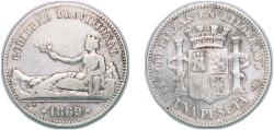 World Coins - Spain Provisional Government 1869 SN-M 1 Peseta - Provisional Government (ESPAÑA) Silver (.835) Madrid Mint (367000) 4.84g XF  KM 653 Cal 15