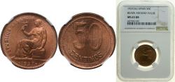 World Coins - Spain Second Republic 1937 50 Centimos - II Republic Brass (90% copper, 10% zinc) (1000000) 5.9g NGC MS 65 RB KM 754 Cal 3 Schön 20
