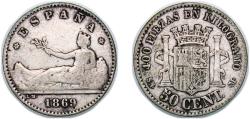 World Coins - Spain Provisional Government 1869 *6-9 SNM 50 Centimos - Provisional Government Silver (.835) Madrid Mint (452726) 2.4g VF KM 651 Cal 18