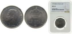 World Coins - Spain Kingdom 1975 *80 25 Pesetas - Juan Carlos I Copper-nickel (75% copper, 25% nickel) Madrid Mint (136000000) 8.5g NGC MS 63 Rotated about 180 Degrees KM 808 Schön 41