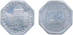 World Coins - Nuremberg and Fürth, Cities of ND 20 Pfennig - Nassauer Haus (Nürnberg-Fürth) Aluminium L. Chr. Lauer Mint 1.3g AU Men05 19256.23 Men18 24102.23
