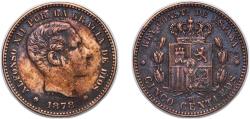 World Coins - Spain Kingdom 1878 OM 5 Centimos - Alfonso XII Bronze (95% copper, 4% tin, 1% zinc) Barcelona Mint (67954000) 4.72g XF KM 674 Cal 70