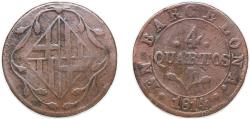 World Coins - Spain Principality of Catalonia Spanish states 1814 4 Quartos Copper 7.6g VF Scratches Cal 78 KM 67a