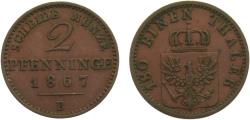 World Coins - Germany States Kingdom of Prussia Wilhelm I 1867 B 2 Pfenninge 3g