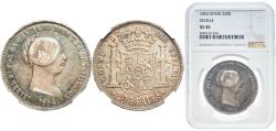 World Coins - Spain Kingdom 1854 20 Reales - Isabel II Wonderful patina Silver (.900) Seville Mint 26g NGC XF 45 KM 593.3 Cal 192 Aureo 629