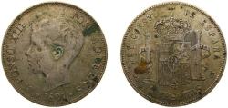 World Coins - Spain Kingdom 1897 MSM 5 Pesetas - Alfonso XIII (3rd portrait) Silver Seville Mint 24.5g VF KM 707