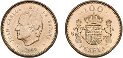 World Coins - Spain Kingdom 2000 M 100 Pesetas - Juan Carlos I (Value as "100"; dots around rim) Aluminium bronze (88.4% copper, 5% nickel, 5% aluminium, 1% iron, 0.6% manganese) Royal Mint of