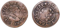 World Coins - France Kingdom 1629 D Double Tournois - Louis XIII (Lyon; 6th type) Copper Lyon Mint 2.5g VF CGKL 348 Dy royales 1362