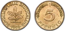 World Coins - Germany Federal Republic of Germany 1950 F 5 Pfennigs Brass clad steel (90% Iron, 10% Brass) (362880000) 3.04g UNC KM 107 J 382 Schön 105
