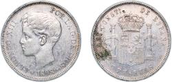 World Coins - Spain Kingdom 1898 *18-98 SGV 5 Pesetas - Alfonso XIII (3rd portrait) Silver (.900) Madrid Mint (39977000) 25g XF KM 707