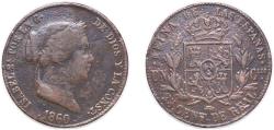 World Coins - Spain Kingdom 1860 25 Centimos de Real - Isabel II Copper Segovia Mint 9.04g VF KM 615 Cal 587