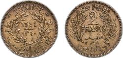 World Coins - Tunisia AH1340 - 1921 2 Francs (Chambers of Commerce Coinage) Aluminium bronze (1500000) 8.09g AU KM 248 Schön 162