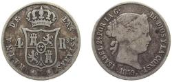 World Coins - Spain Kingdom 1859 4 Reales - Isabel II Silver (.900) Madrid Mint 5.1g VF KM 608.2