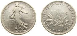 World Coins - France Third Republic 1901 1 Franc Silver (.835) (6200000) 5g VF F 217 Gad 467 KM 844 Schön 187