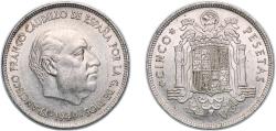 World Coins - Spain Nationalist Government 1949 *19-50 5 Pesetas - Francisco Franco Nickel (21000000) 14.95g AU  KM 778 Cal 45 Schön 30