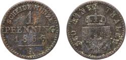 World Coins - Germany Kingdom of Prussia German states 1866 A 1 Pfenning - Wilhelm I Copper Berlin Mint 1.37g VF  AKS 108 Old/Mue 2 426, 429, 433 KM 480 Kahnt/Schön 84 Neum 19