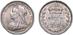 World Coins - Great Britain United Kingdom 1894 3 Pence - Victoria (3rd portrait; incl. Maundy) Silver (.925) (1608600) 1.4g UNC KM 777 Sp 3942 Sp 3945