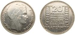 World Coins - France Third Republic 1933 20 Francs Silver (.680) (24447048) 20g AU F 400 F 400A Gad 852 KM 879