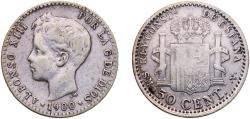 World Coins - Spain Kingdom 1900 SMV 50 Centimos - Alfonso XIII (3rd portrait) Silver (.835) Royal Mint of Spain (2128369) 2.43g VF  KM 705