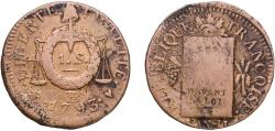 World Coins - France First Republic 1793 BB 1 Sol (Date version) Copper Strasbourg Mint (2519224) 12.07g VF  KM 619 Gad 19