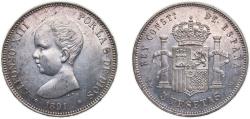World Coins - Spain Kingdom 1891 *18-91 PGM 5 Pesetas - Alfonso XIII (1st portrait) Silver (.900) Madrid Mint (11659556) 24.87g AU KM 689