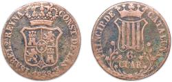 World Coins - Spain Principality of Catalonia Spanish states 1838 6 Cuartos (6 CUAR) Copper 14.13g VF Cal 682 KM 128
