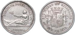 World Coins - Spain Provisional Government 1869 SNM 1 Peseta - Provisional Government Silver (.835) Madrid Mint (7000000) 4.9g AU KM 652 Cal 14