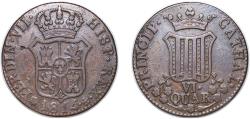 World Coins - Spain Principality of Catalonia Kingdom 1814 6 Quartos - Ferdinand VII (VI QUAR) Copper Barcelona Mint 14.08g AU Cal 1514 KM 116
